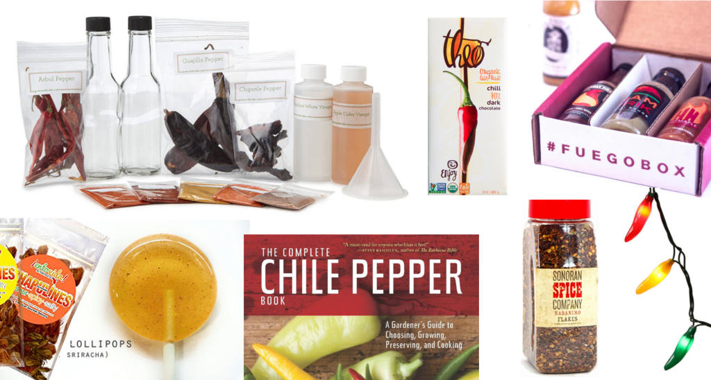 Multiple gifts and presents for spicy food lovers, chile pepper gifts, hot sauce addicts, chileheads