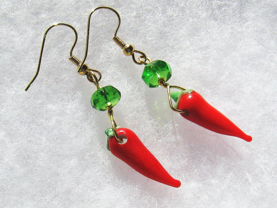Glass red chile pepper earings, gold metal wire and green crystal